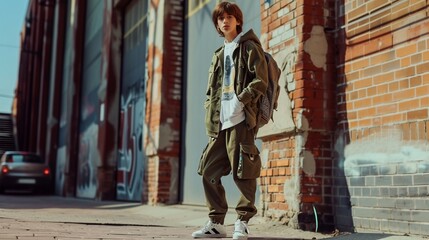 A trendy adolescent boy rocking a streetwear-inspired outfit complete with a graphic hoodie, cargo pants, and a pair of chunky sneakers, exuding urban coolness