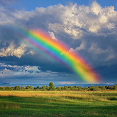 Beautiful landscape with green grass field and amazing rainbow. generative AI