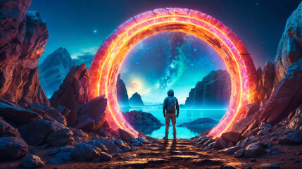 An astronaut standing before a glowing portal on an alien planet with a view of outer space through...