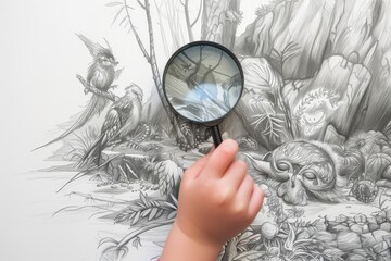 childs hand holding a magnifying glass over a detailed pencil sketch