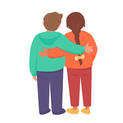 A girl and a boy stand hugging each other. Back view. Vector isolated color illustration in flat style.	