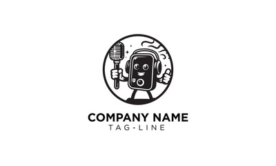 ipod with mic mascot logo icon , black and white fun ipod mascot logo icon , music character mascot logo