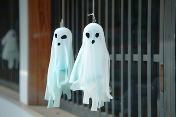 a ghost doll hanging from a Japanese wooden door