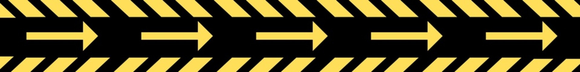 caution yellow arrow tape grunge design isolated on black. Horizontal yellow arrow sign with stripe.
