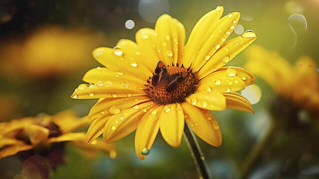 beautiful yellow daisy in the morning dew. yellow flower with water drops. seamless looping overlay 4k virtual video animation background 