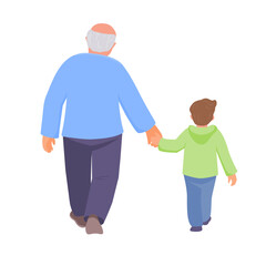 Grandfather and grandson walk holding hands. Back view. Vector isolated color illustration in flat style.	