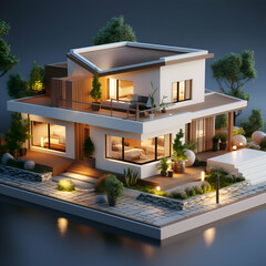 3d rendering of modern cozy house with garage and pool for sale or rent. Isolated on black.