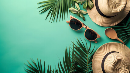 Hats, sunglasses, palm tree leaves on blue background. Blank, top view, still life, flat lay. Sea vacation travel concept tourism and resorts. Summer holidays.