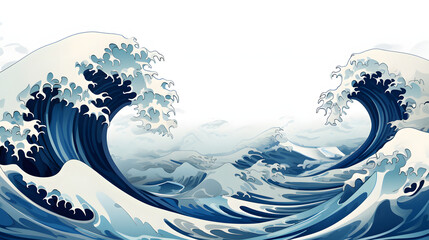 Fototapeta na wymiar the great wave is drawing on a white background, in the style of light sky-blue and light navy, hyper-detailed illustrations, light beige and gray, reefwave, fluid, anime-influenced, landscape