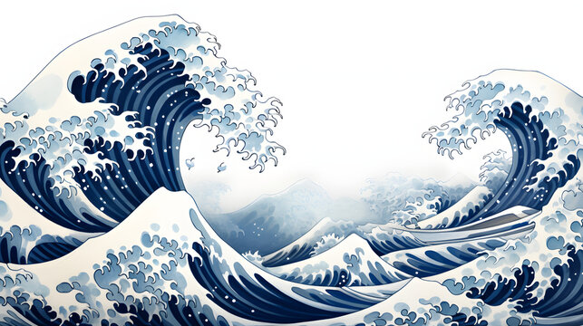 great wave, in the style of detailed background elements, light gray and dark blue, playful watercolors, naturalistic ocean waves, mural painting, playful cartoon illustrations, japanese