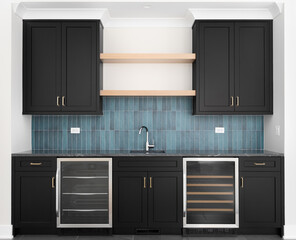 A wet bar with black cabinets, blue vertical subway tile backsplash, black granite countertop, wooden shelves, and stainless steel refrigerators. No brands or labels.