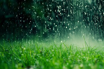 water droplets falling on green grass from a lawn sprinkler - obrazy, fototapety, plakaty