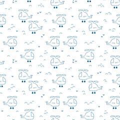 Cute Cartoon Helicopter and Clouds Seamless Pattern for Baby Boy. Line Art Flying Helicopters for Kids Fashion. Vector illustration.