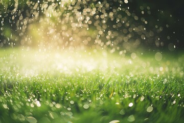 water droplets glistening on grass from sprinkler - 736055833