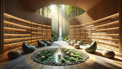 Serene wellness sanctuary with AI-generated stories in a forest library