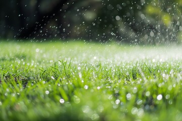 water droplets glistening on grass from sprinkler - obrazy, fototapety, plakaty