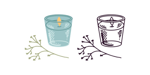Hand-drawn colored wax candle in a glass jar-candlestick with a twig. Beauty cosmetic element, self care. Flat colored and outline doodle style.