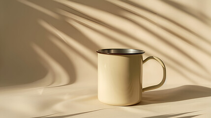 Beige aluminum mug on a beige background with a place, generative ai