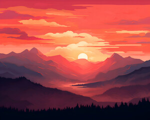 Sunset in the mountains.  illustration of a mountain landscape.