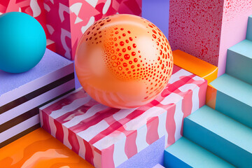 abstract background of playful convergence of 2D pop-art graphics and 3D geometric shapes creating...