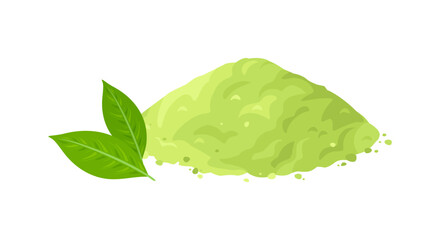 Matcha Green Tea Powder and leaf isolated on white background. Vector cartoon flat illustration.