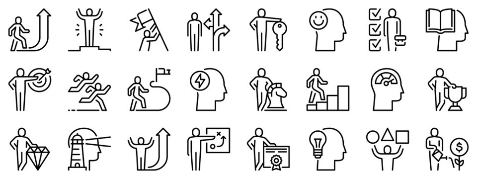 Icon set about personal growth. Line icons on transparent background with editable stroke.