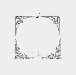 Hand drawn vector abstract outline,graphic,line vintage baroque ornament floral frame in calligraphic elegant modern style.Baroque floral vintage outline design concept.Vector antique frame isolated. - 736058493