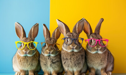 whimsical bunnies with glasses portrait against two tone backdrop