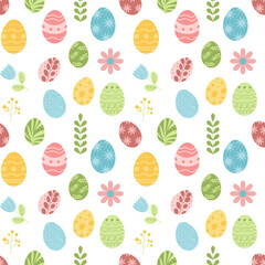 Seamless spring pattern with Easter eggs and flowers. Vector flat illustration