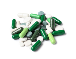 Many different pills on white background