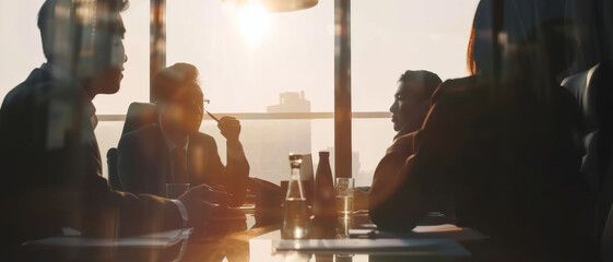 Silhouetted business professionals engage in a strategic meeting as the golden hour bathes the room in a warm glow. - obrazy, fototapety, plakaty