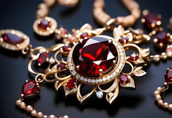 Garnet Jewelry, Gemstone, Precious, Red, Luxury, Fashion, Accessories, Necklace, Earrings, Bracelet, Ring, Glamour, Sparkle, Gem, Elegant, AI Generated