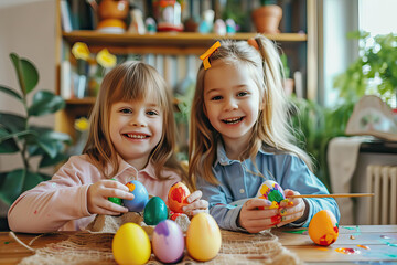 Fototapeta premium Two happy girls painting Easter eggs together.
