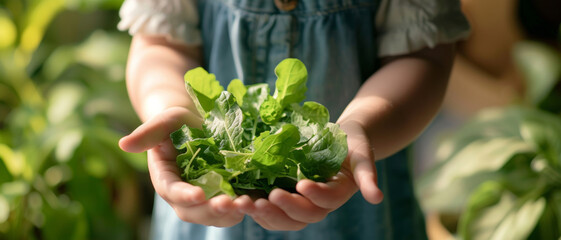 Child's hands tenderly cradle a bunch of fresh, lush green spinach leaves, symbolizing nurturing and growth.