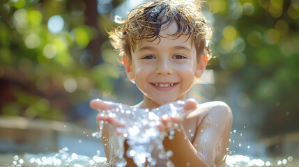 as crianças desfrutam de água limpa e estendem as mãos para o tanque com fonte de água limpa