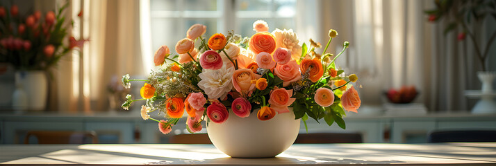 A modern floral arrangement in a white vase on a dinner table, creating an elegant and stylish atmosphere for special occasions and celebrations.