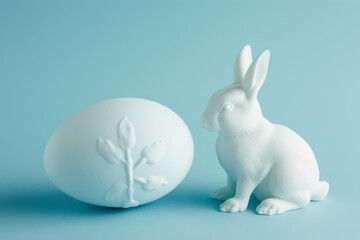 Obraz premium little white rabbit with blue easter egg on blue background 