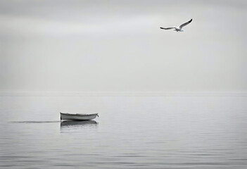 A lone seagull soaring overhead as a solitary boat drifts on tranquil waters