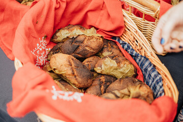 handbaked bread in basket for sale in eco food market