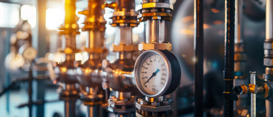 Precision engineering at its finest—close-up of a pressure gauge in a warm-lit industrial setting.