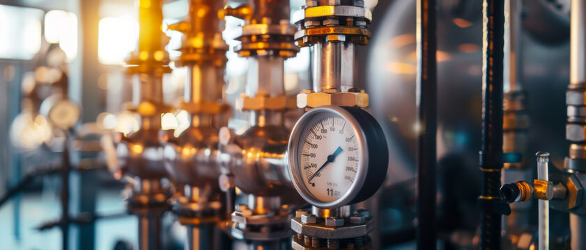Precision engineering at its finest&mdash;close-up of a pressure gauge in a warm-lit industrial setting.