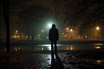 Mysterious Figure in Rainy Night Park

