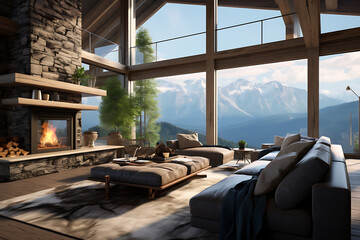 Modern living room interior design with fireplace and mountain view. 3D Rendering