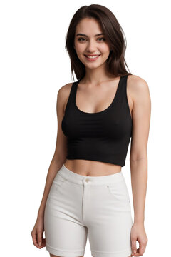 Attractive woman in a black cropped tank top smiling and looking at the camera, isolated, transparent background, no background. PNG.