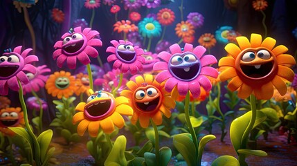Obraz na płótnie Canvas 3D generated image of colorful dancing and singing flowers, kids animation movie