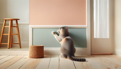 壁で爪研ぎをする猫 - obrazy, fototapety, plakaty