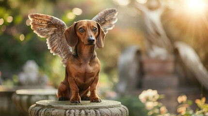 Dachshund com asas de anjo em uma área externa de um lindo parque angelical