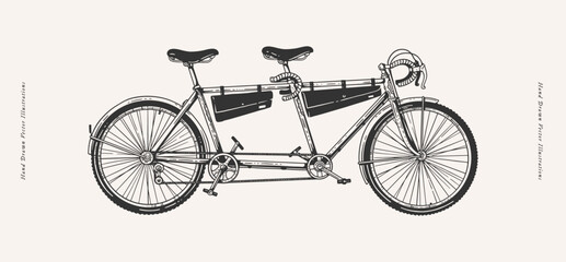 Tandem bicycle, two-seater bicycle on a light background. Retro bicycle with two seats in engraving style. A vehicle for walking, sports and tourism. - obrazy, fototapety, plakaty
