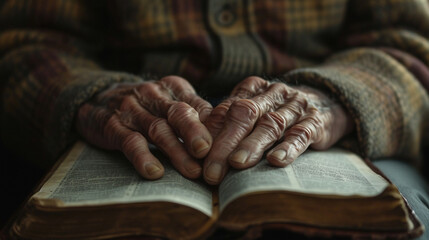 Fototapeta premium wrinkled The hands of an elderly man are folded on a book