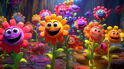 Obraz na płótnie Canvas 3D generated image of colorful dancing and singing flowers, kids animation movie